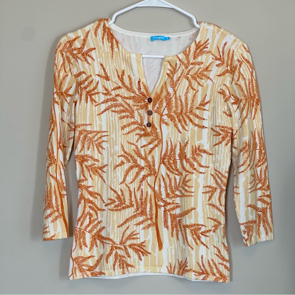 J McLaughlin‎ Orange Gold Leaf Print Lightweight 3/4 Sleeve Sweater Womens Small